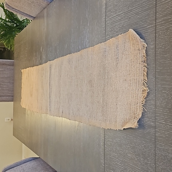 VINTAGE 2 piece Runner Tan Burlap w Fringe & Brown Weave. 72"x14" - Picture 8 of 10